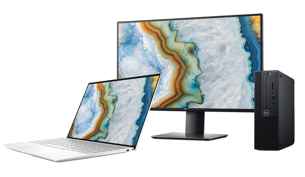Photo of a laptop, alongside a desktop and monitor.