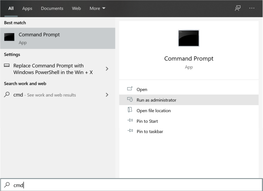 Screenshot of a Windows Start Menu opening Command Prompt