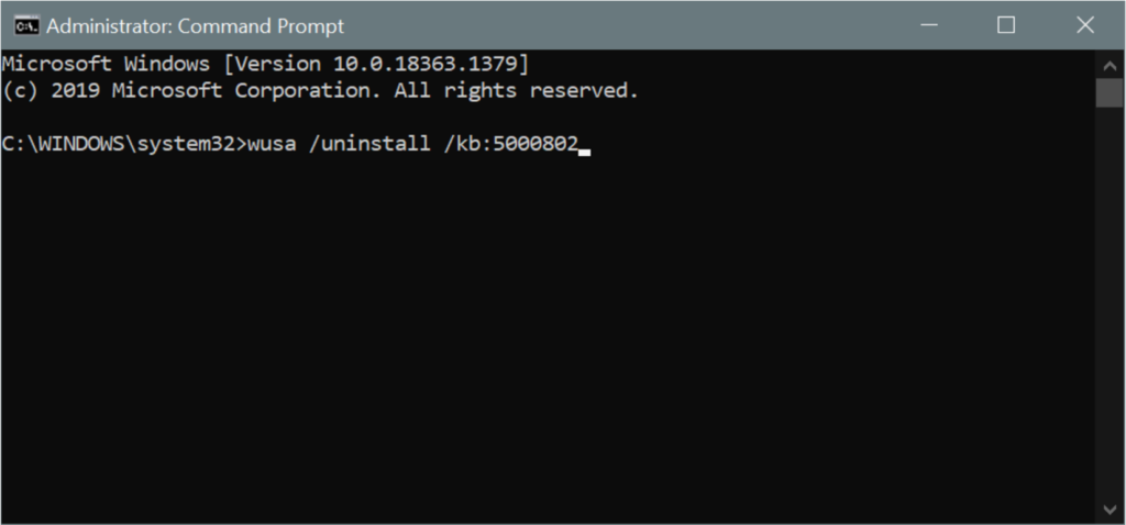 Screenshot of removing the kb5000802 update via command prompt