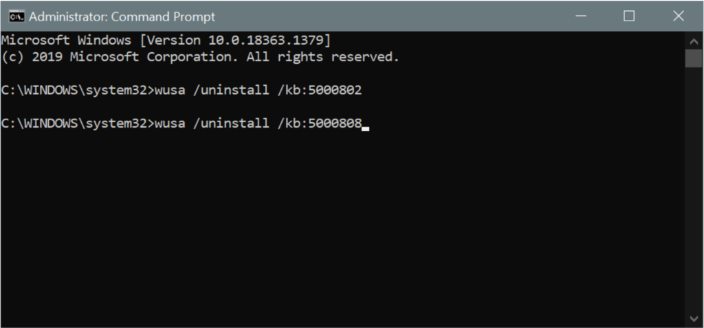 Screenshot of removing the kb5000808 update via command prompt