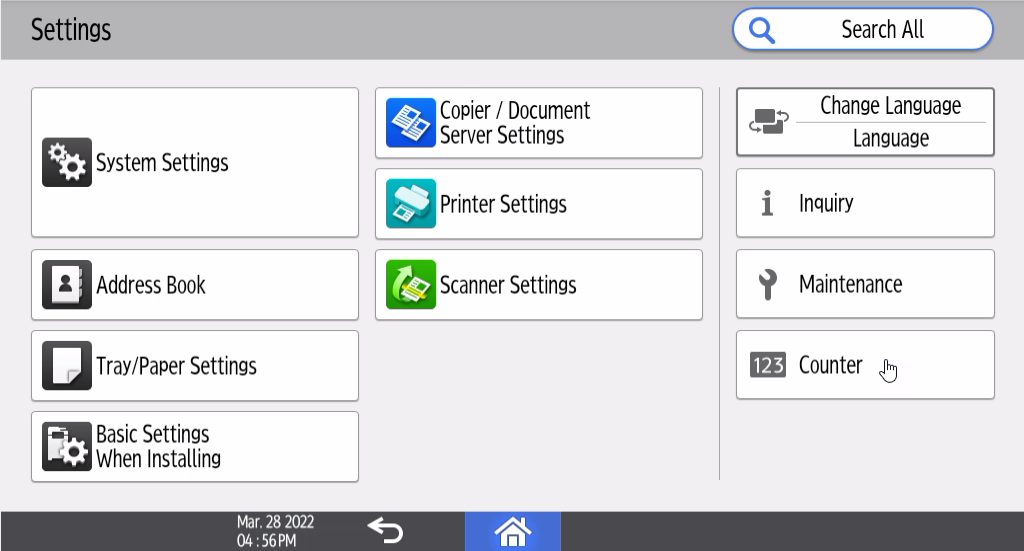 a screenshot of the settings screen of a lanier copier, prompting to select counter