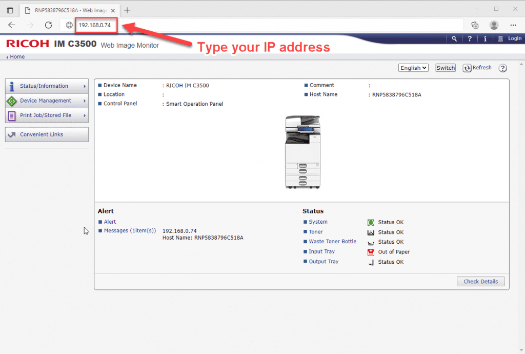 a screenshot of the web image monitor of a lanier device with the IP address highlighted in the browser