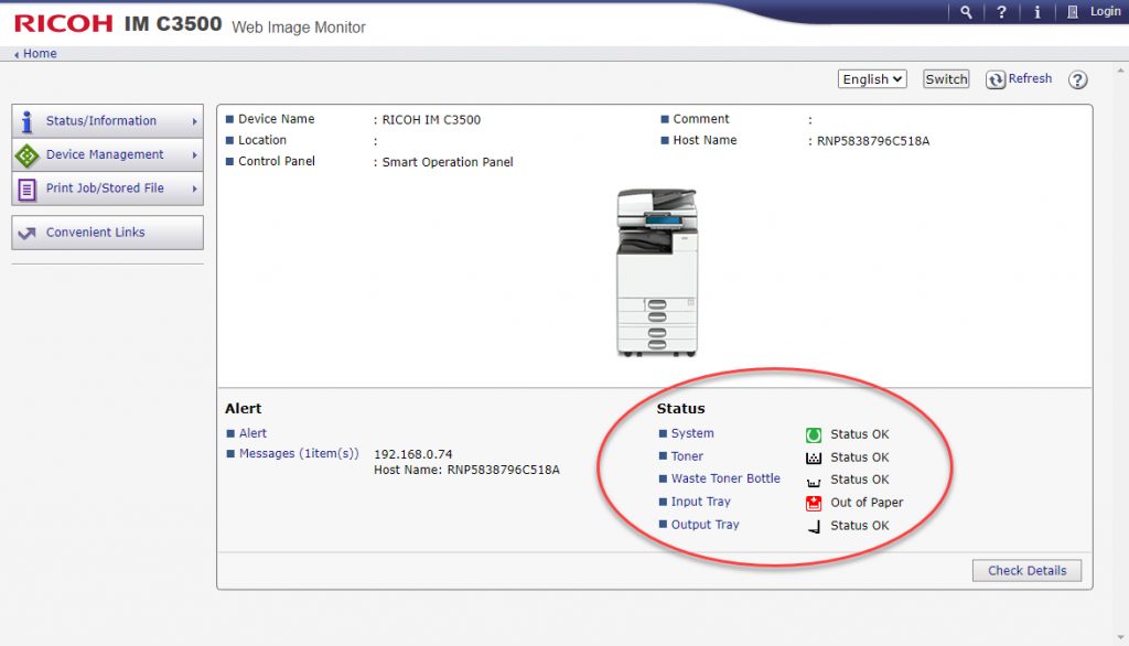 screenshot of the web image monitor for lanier with the toner levels highlighted