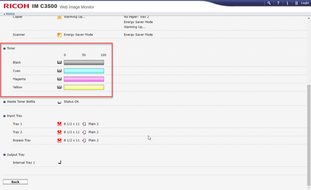 a screenshot of where to find the toner levels on the status page