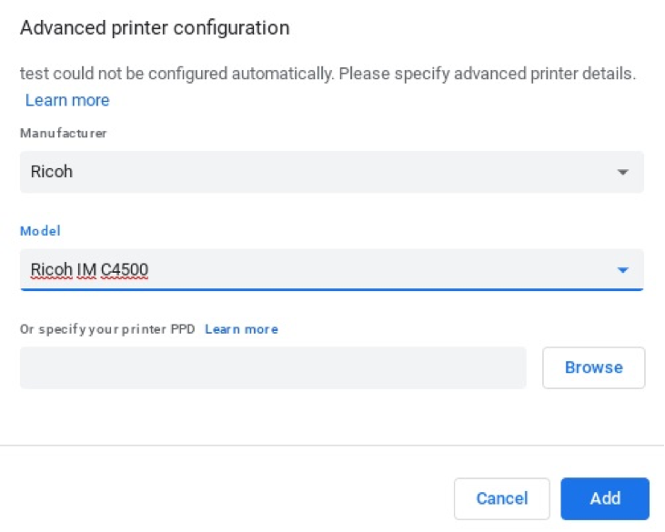 screenshot of the chrome advanced printer setup