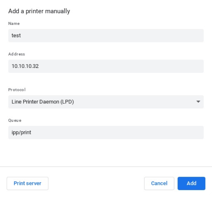screen shot of the printer setup window for a chromebook