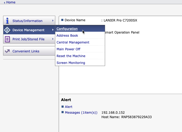 a screenshot of the lanier device management, configuration link