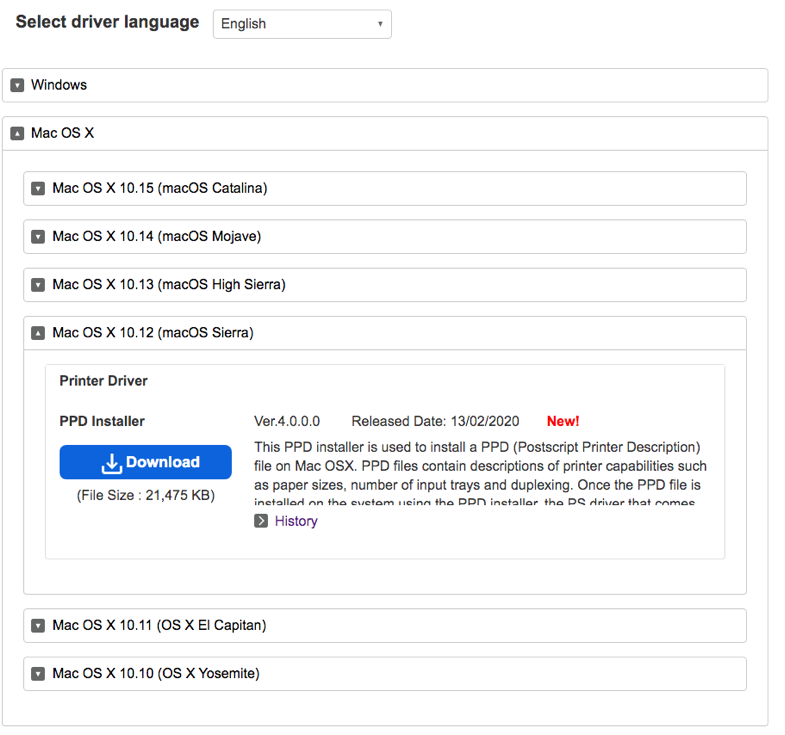 a screenshot of the driver download page, there are options for choosing the Mac os version.