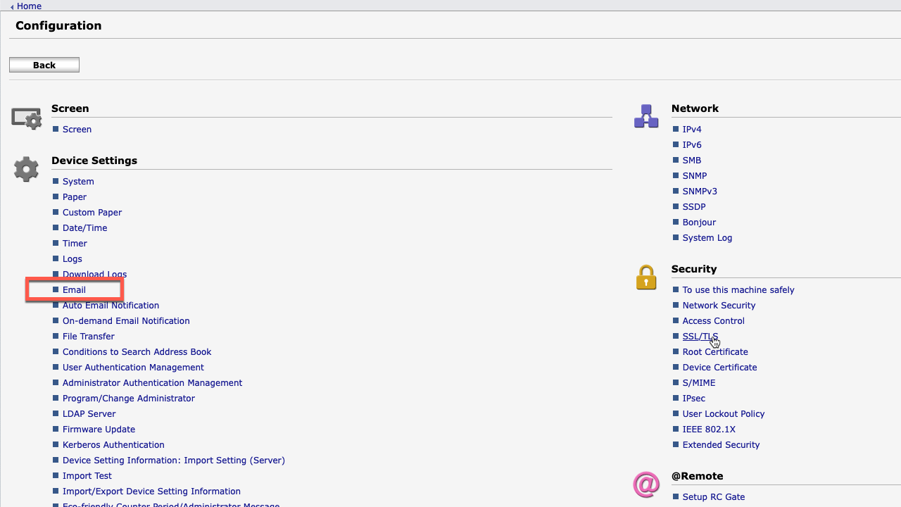 A screenshot of the configuration page of a lanier device with Email, highlighted.