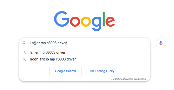 a screenshot of a Google search window for a lanier mp c8003 driver.