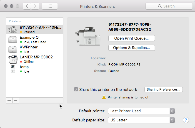 a screenshot of the printers and scanner menu of a mac