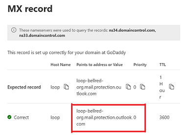 The screen displaying the MX record value for the chosen office365 domain.