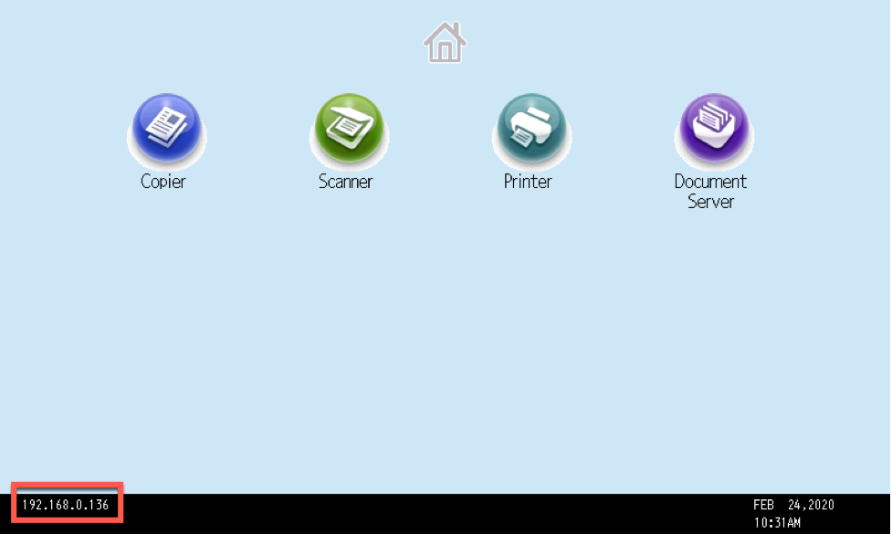screenshot of a ricoh copier, with the IP address highlighted in the lower left corner.