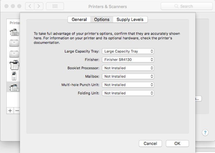 a screenshot of the options and supplies menu for the printer on a mac