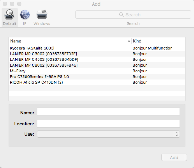 a screenshot of the bonjour discovered printers on a mac