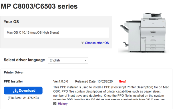 a screenshot of the download page for ricoh/lanier drivers