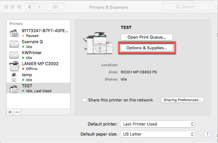 a screenshot of the printer menu selecting options
