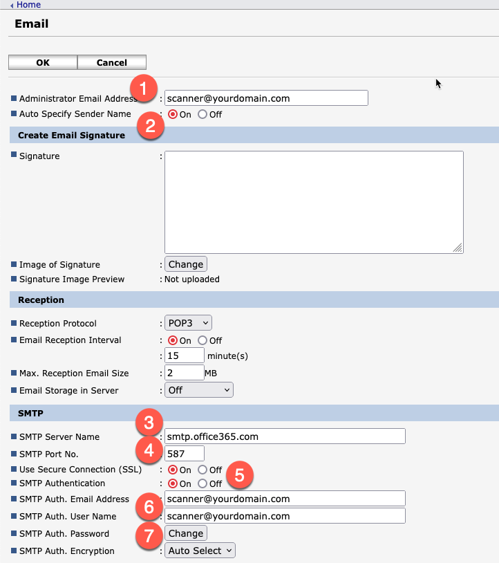 a screenshot of smtp settings for a ricoh device with office365 settings