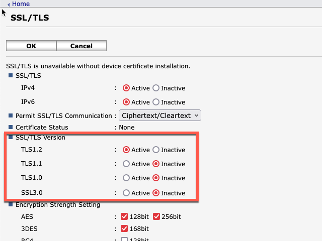 the ssl/tls options of a lanier device