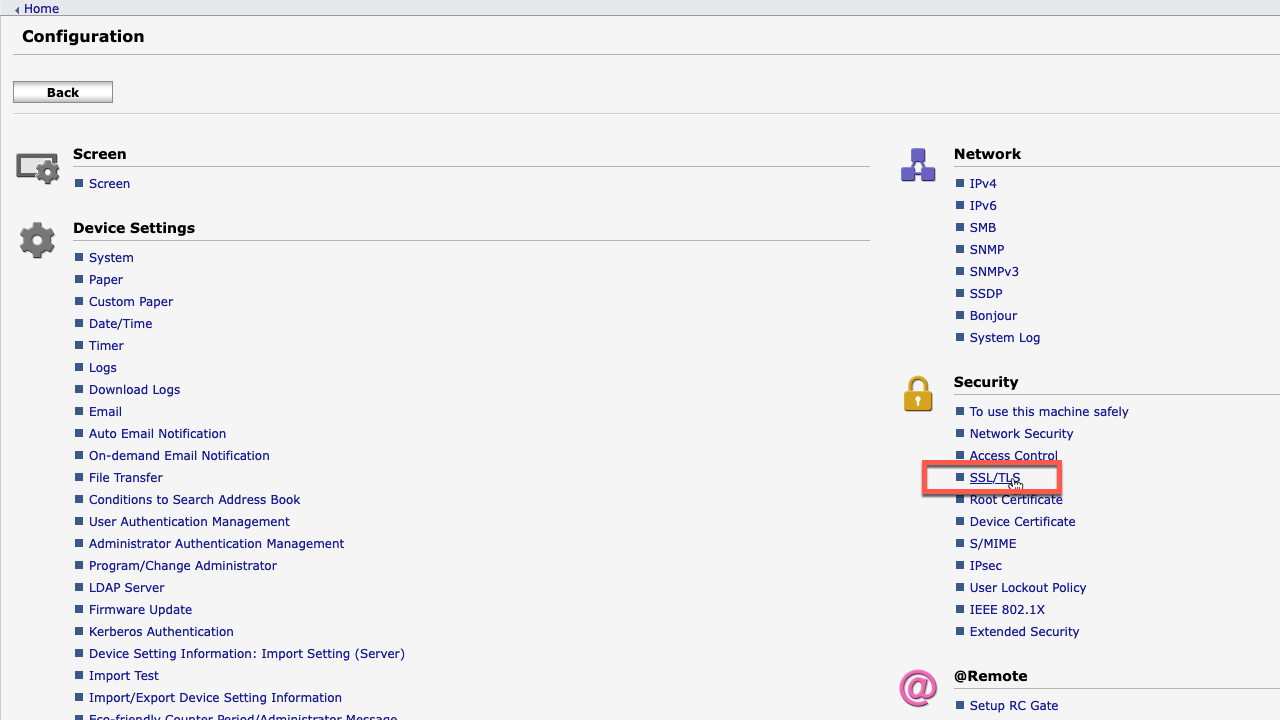 a screenshot of the configuration page, with SSL/TLS highlighted